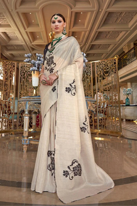 Beige color tussar silk saree for women online
