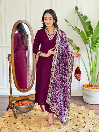 Wine viscose chanderi salwar suit for women with dupatta
