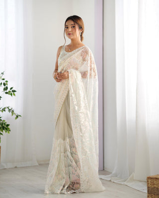 Cream color mono net saree for women with price
