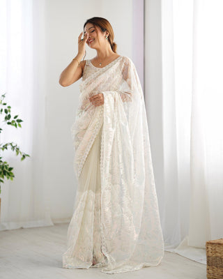 Cream color mono net Saree online shopping 