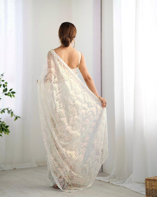 Cream color mono net saree for women with Online
