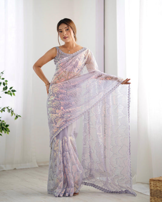 Lavender color mono net saree for wedding
