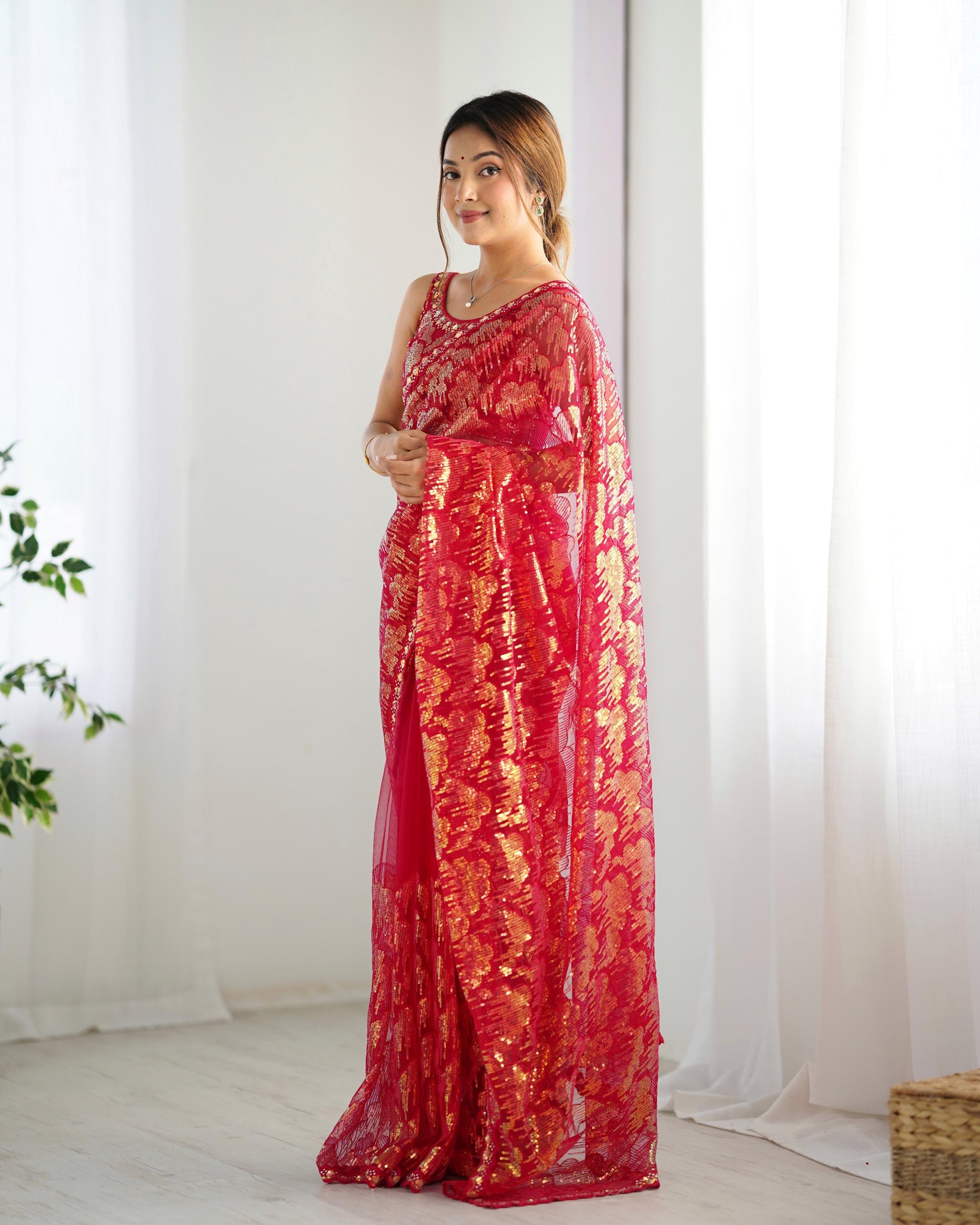 Pink color mono net saree for women
