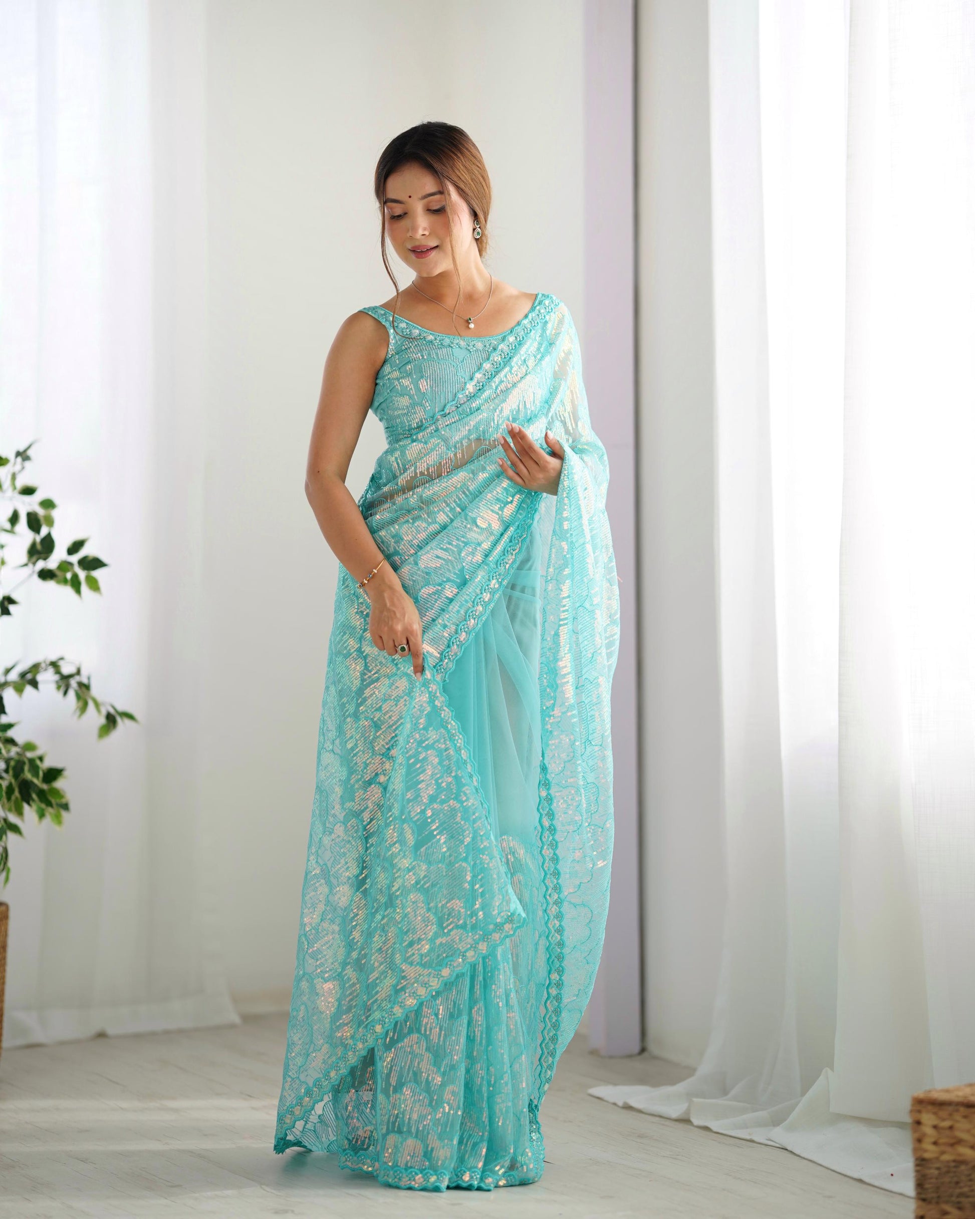Sky blue color mono net saree for women price
