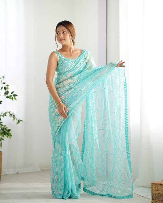 Sky blue color mono net saree for party wear
