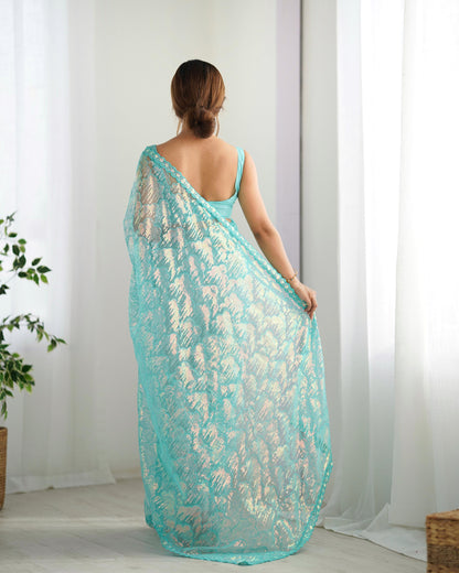 Sky blue color mono net saree online
