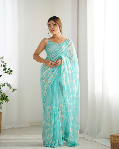 Sky Blue Color Mono Net Sequins Work Traditional Saree For Festive