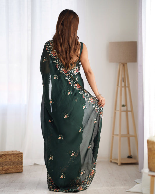 Dark green satin chiffon saree for women with price
