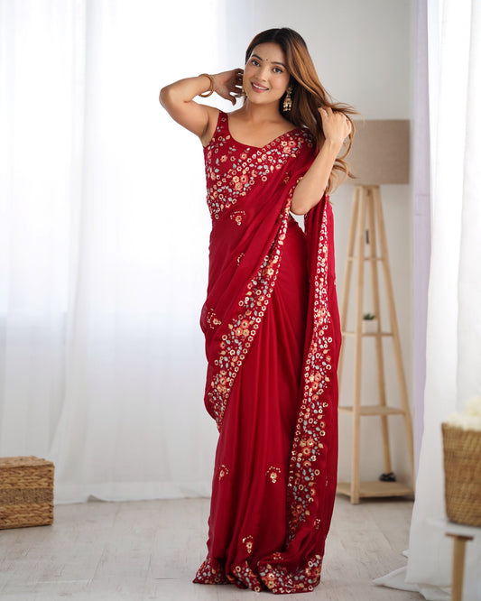 Maroon color Satin Chiffon saree for women