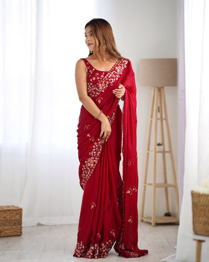 Maroon color satin chiffon weaving saree for party
