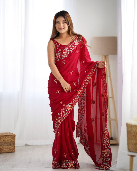 Maroon color satin chiffon saree for wedding
