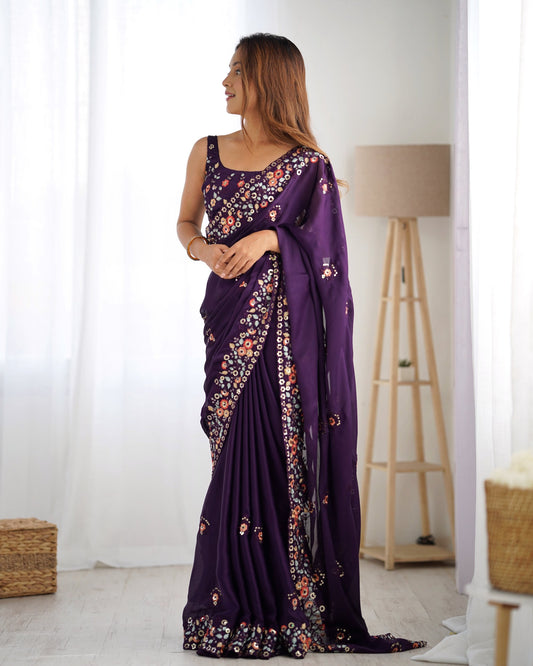 Purple satin chiffon saree for women with price
