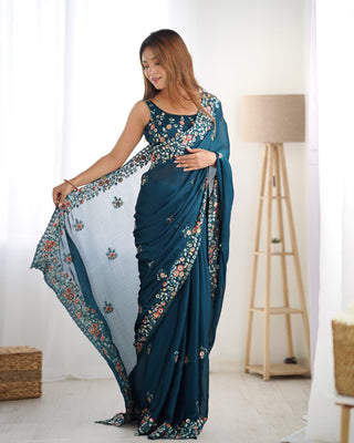 Teal blue color satin chiffon saree for wedding
