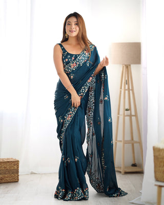 Teal blue color satin chiffon saree for women price
