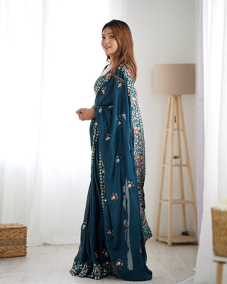 Teal blue color satin chiffon saree for women online
