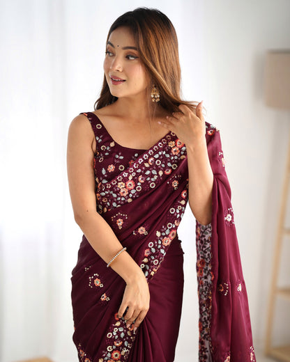 Wine color satin chiffon Saree online shopping
