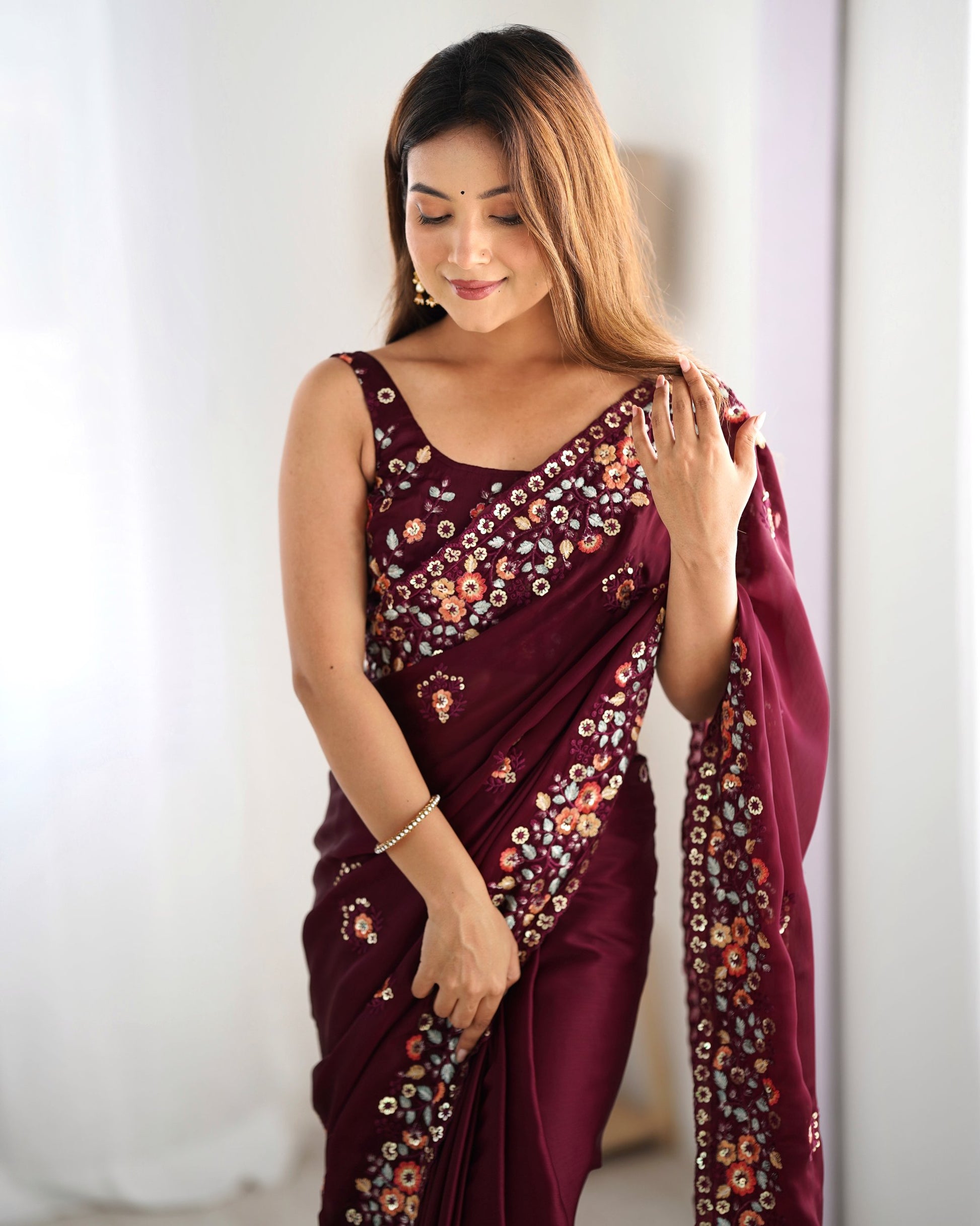 Wine colour Saree for Engagement

