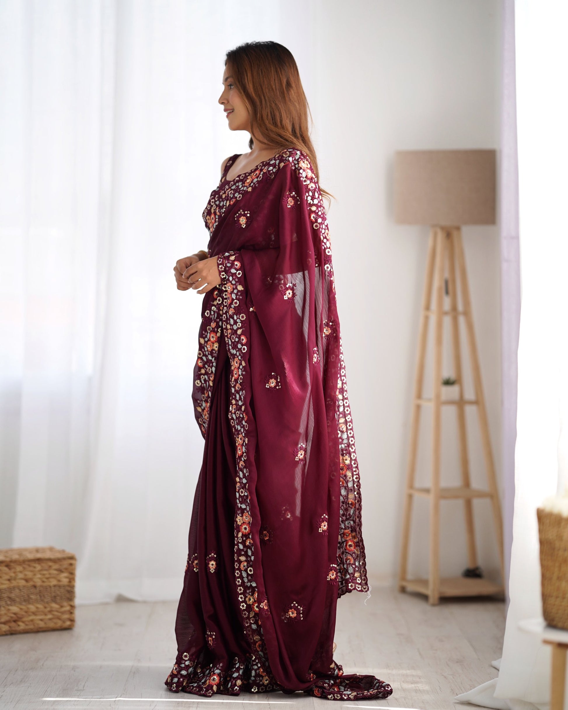 Wine colour Saree for farewell
