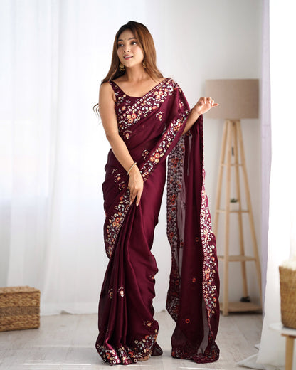 Wine colour saree party Wear
