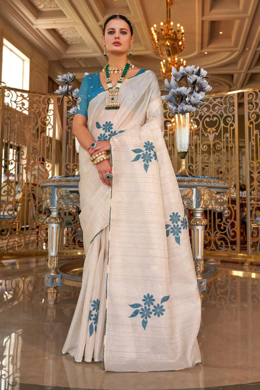 Beige color tussar silk hand touched work saree for women price
