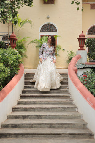 White dyeable viscose jacquard lehenga with top price
