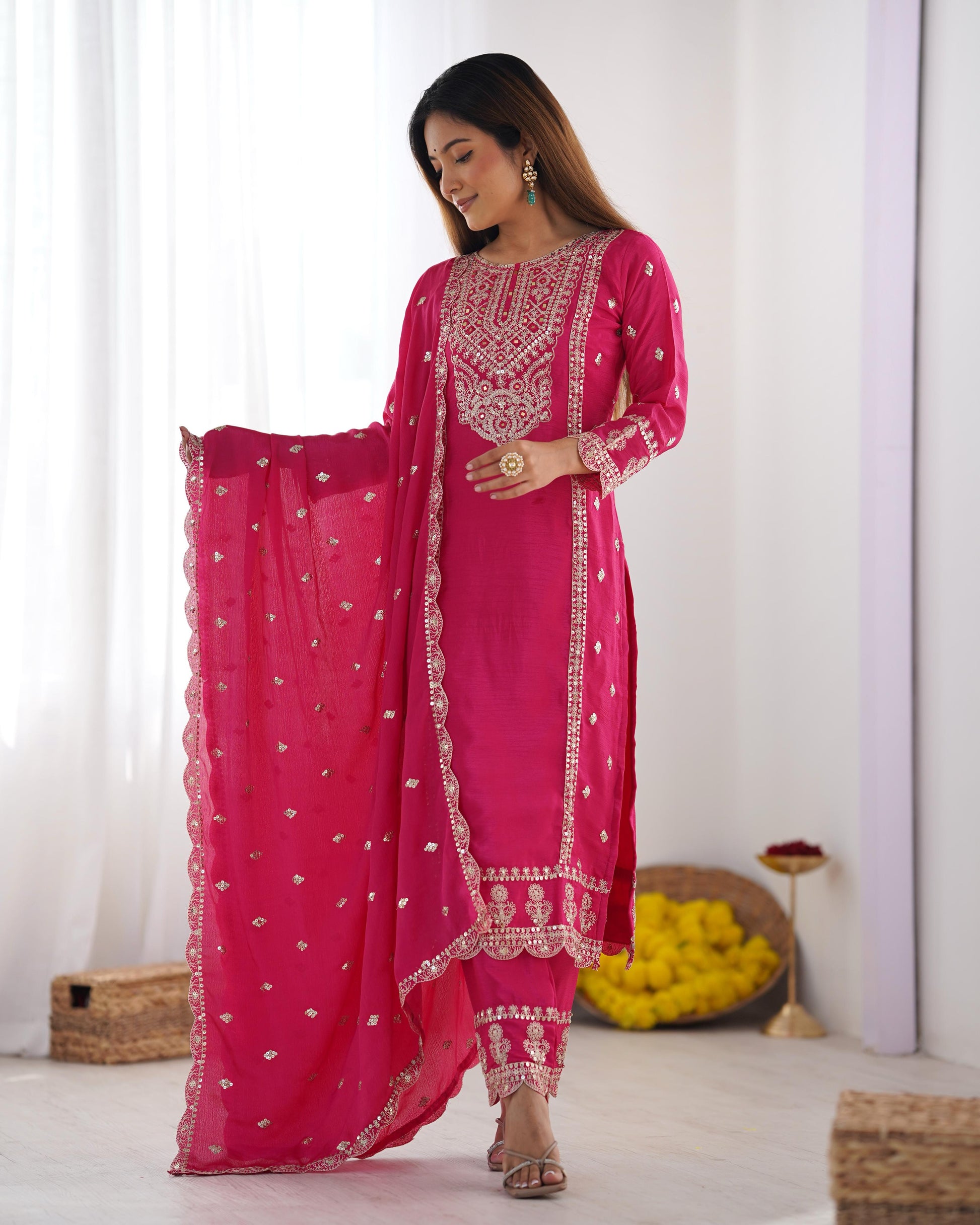 Pink color chinon silk salwar suit with dupatta online