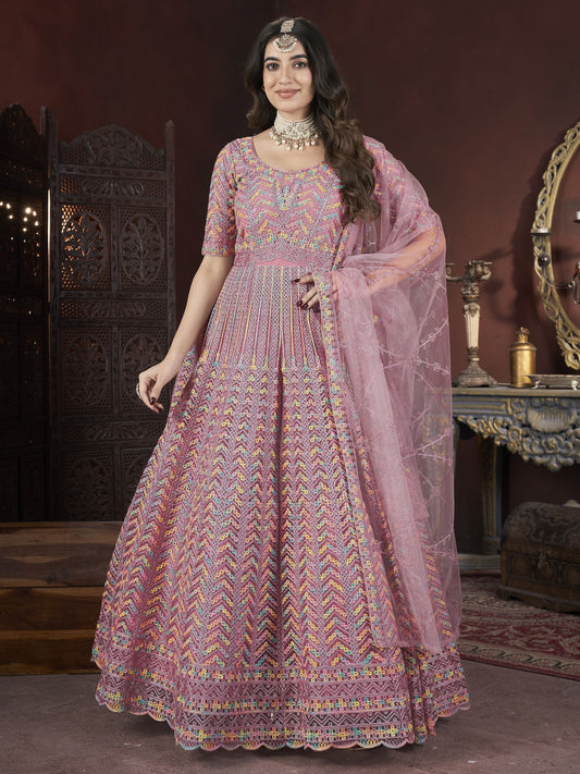 Long sleeve peach color net gown for women
