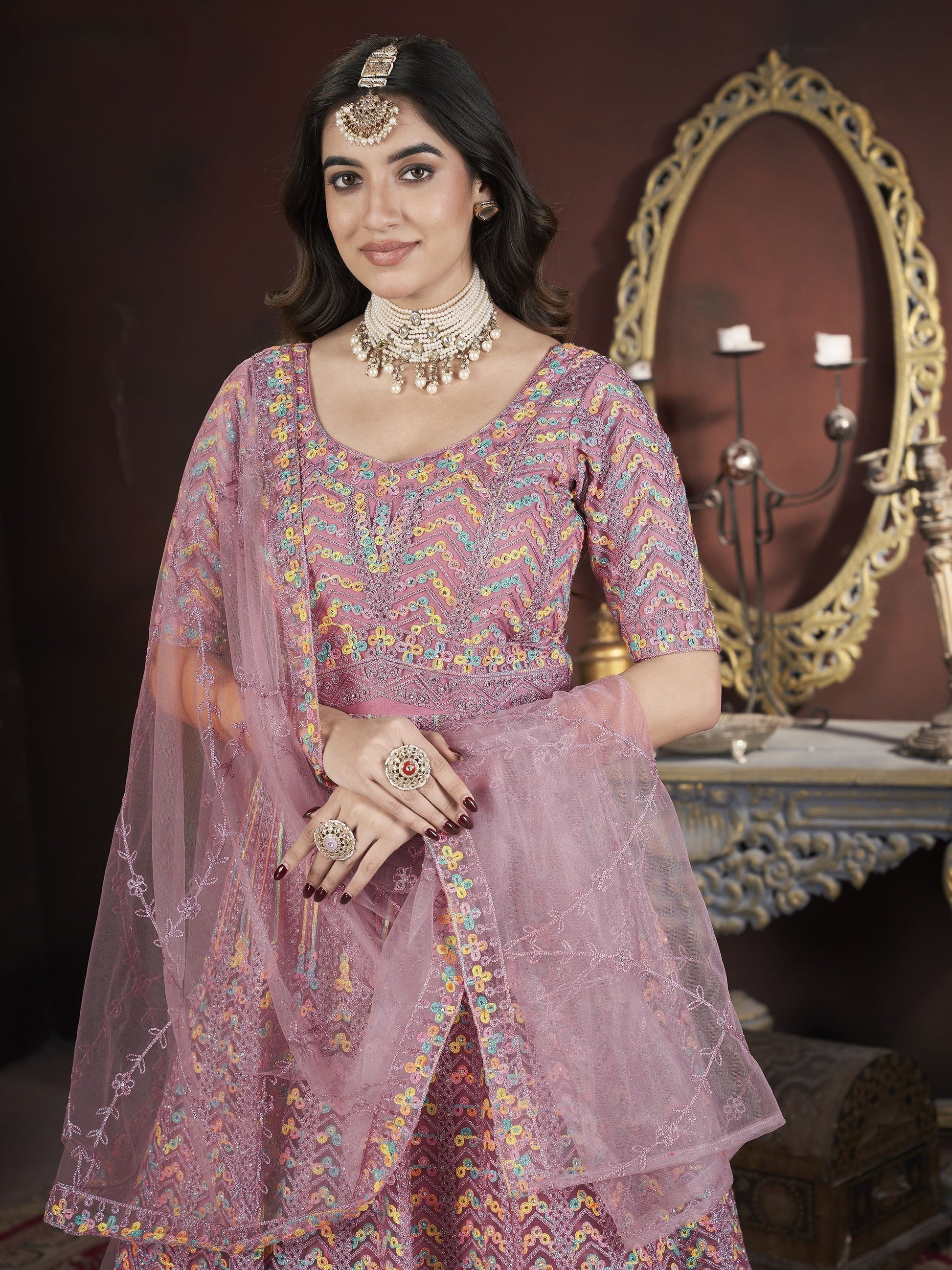 Peach color net gown for women wedding
