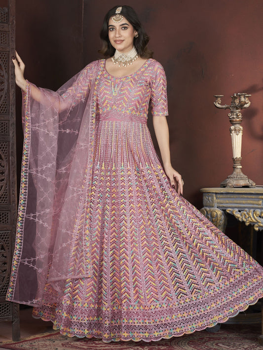 Long peach color net gown for women
