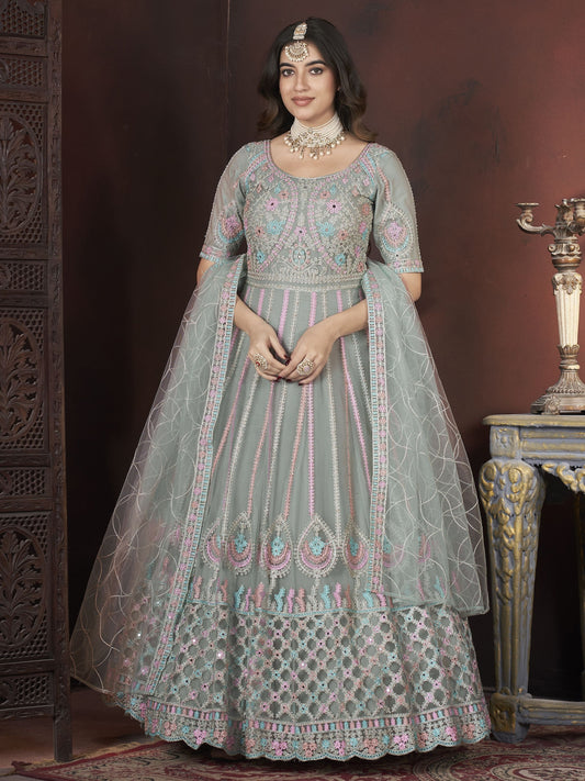 Long sleeve pista color net gown for women

