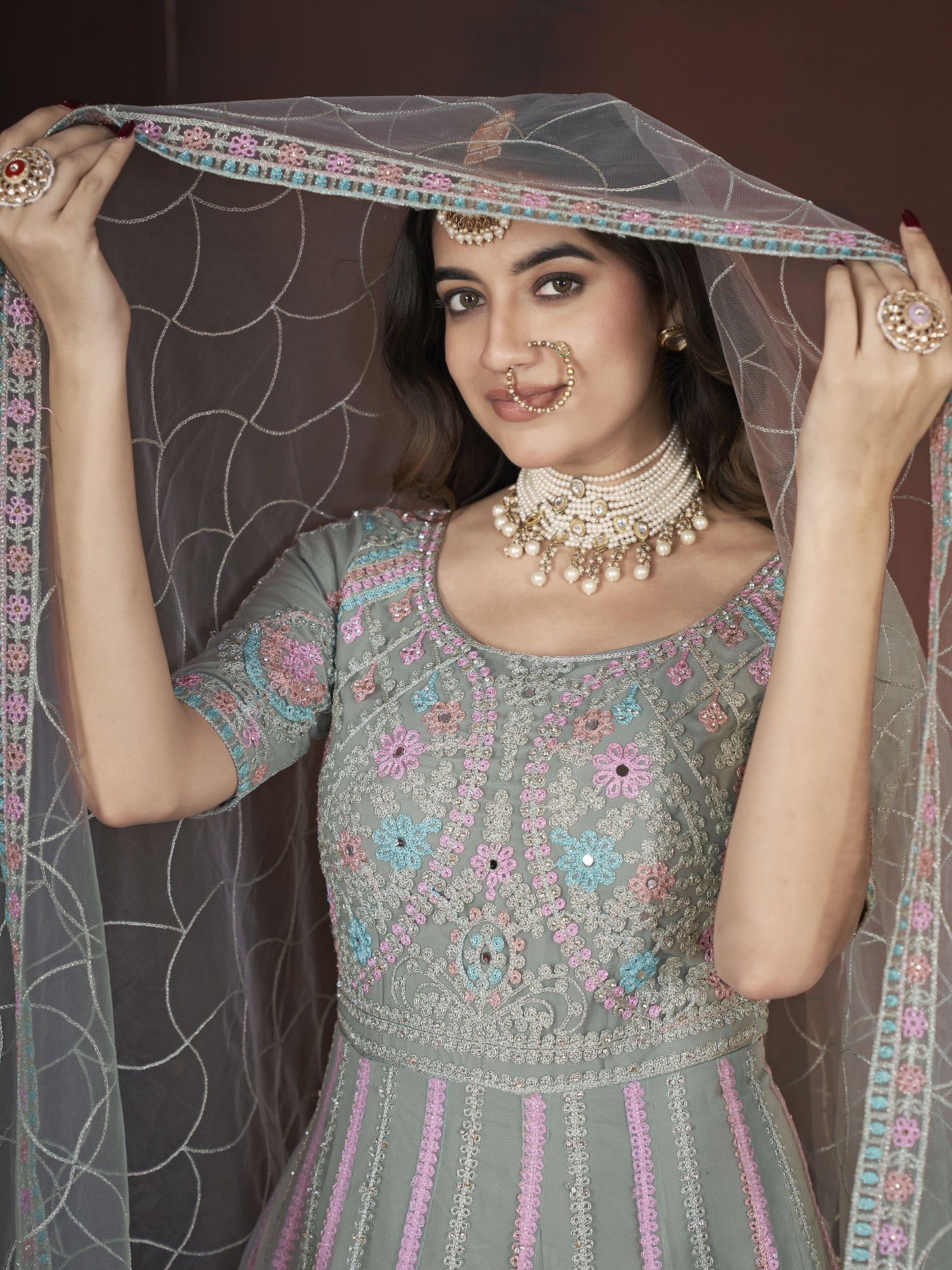 Long pista color net gown for women
