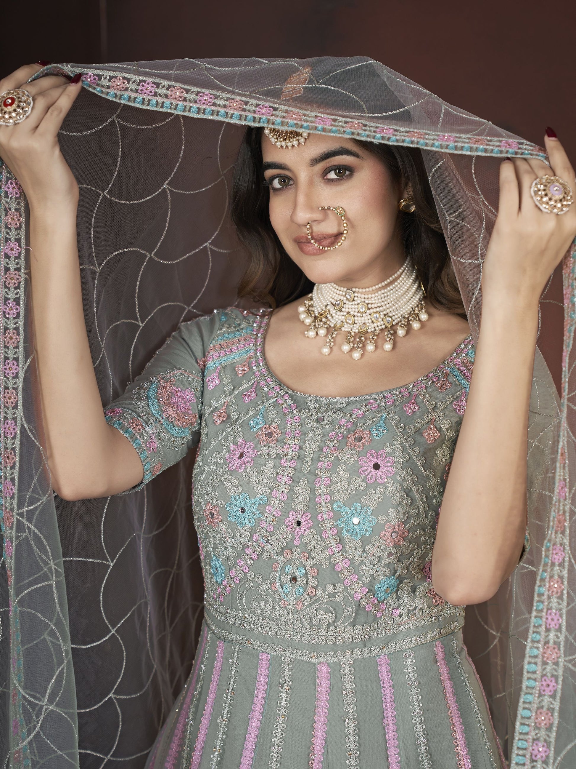 Long pista color net gown for women
