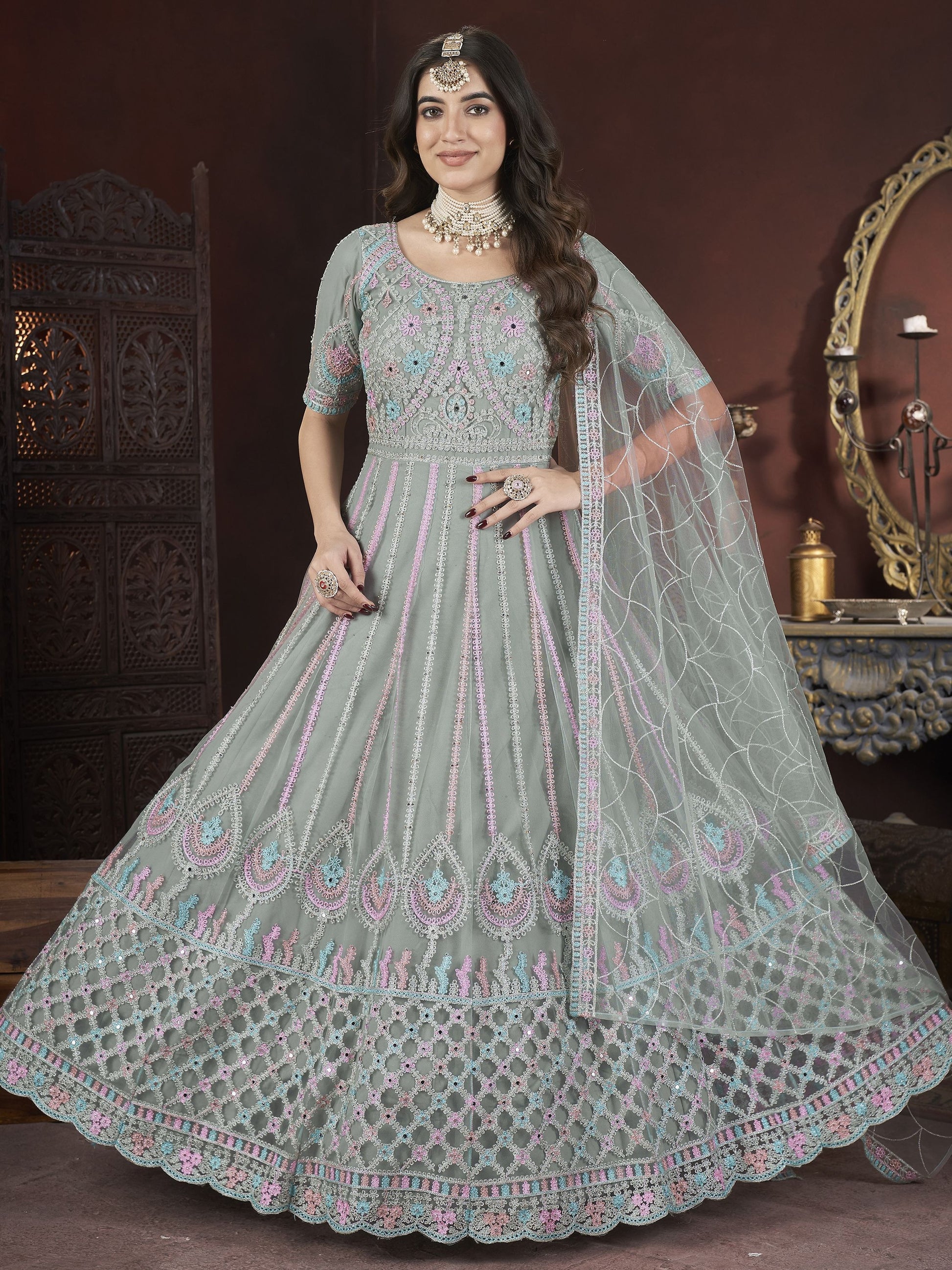 Pista color net gown for wedding

