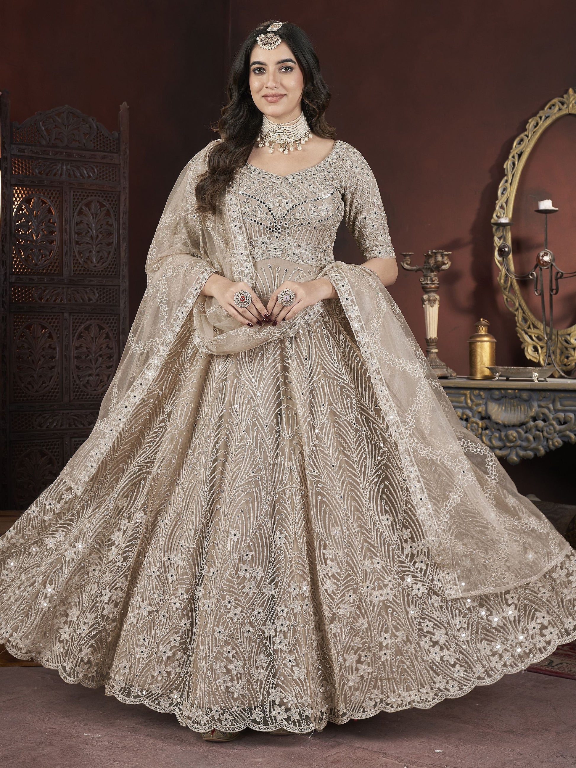 Chiku color net embroidery work gown 