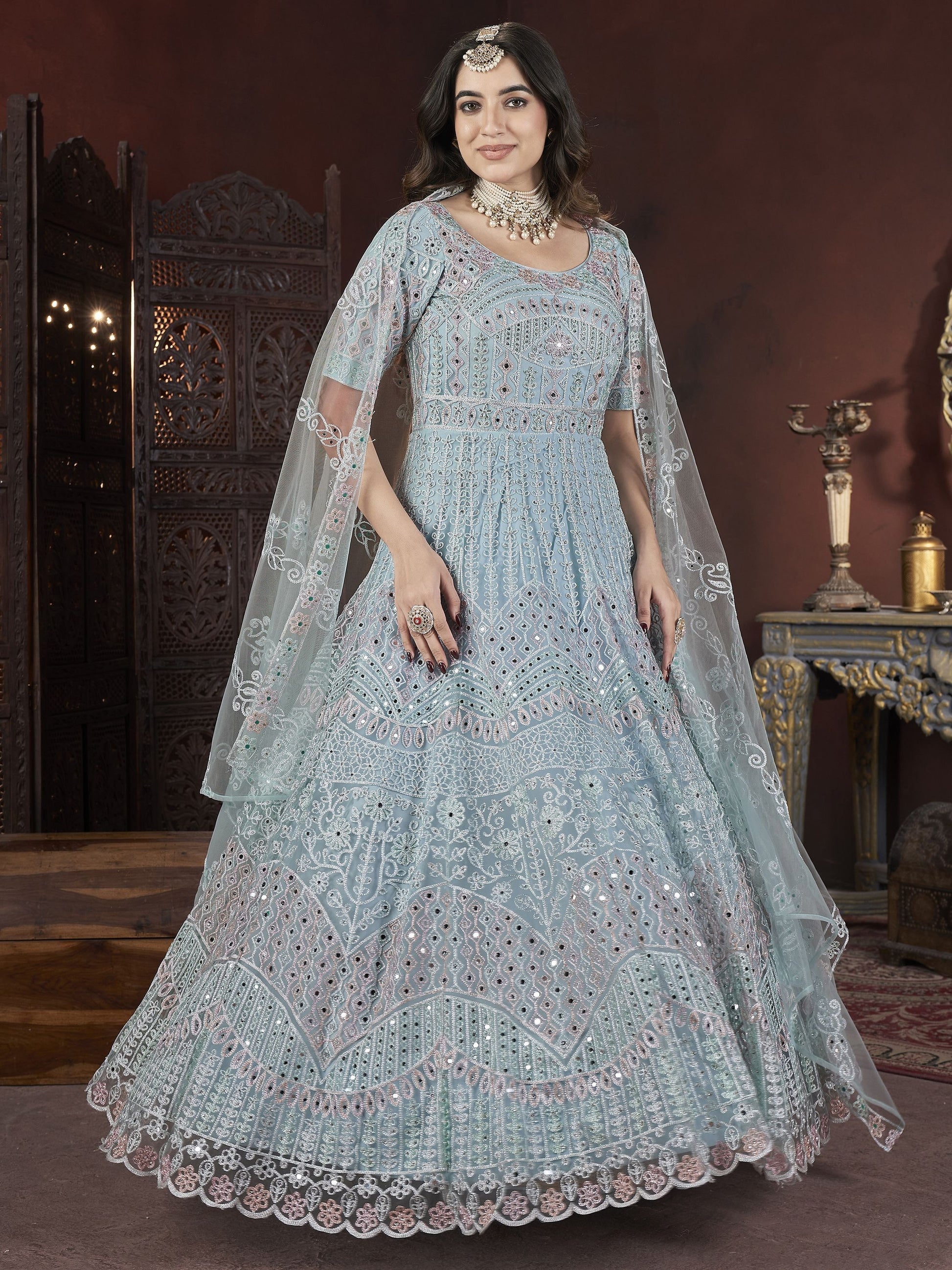 Sky color net long gown for women