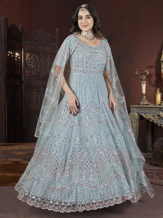Sky color net long gown for women