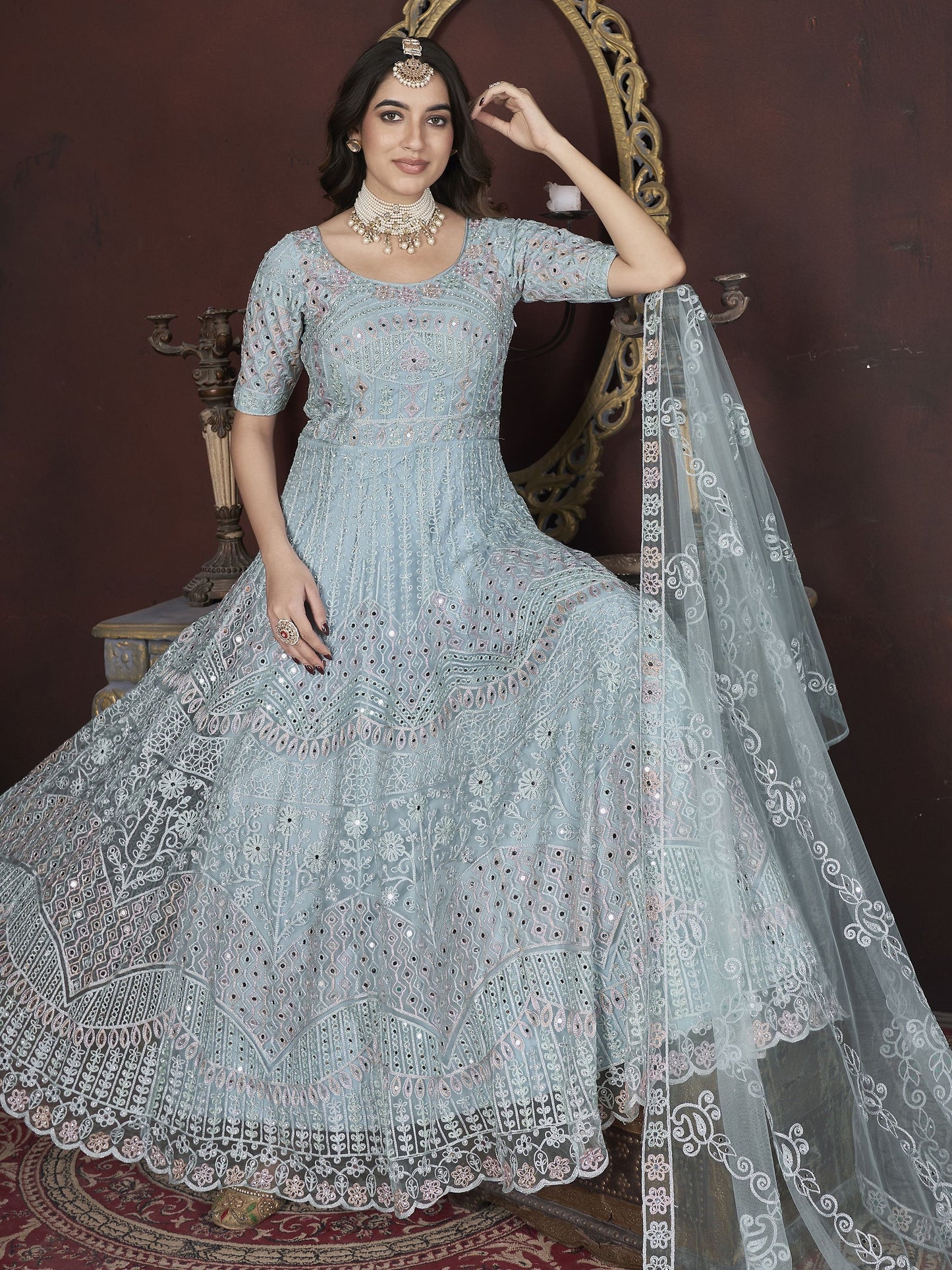 Sky color net long gown online shopping