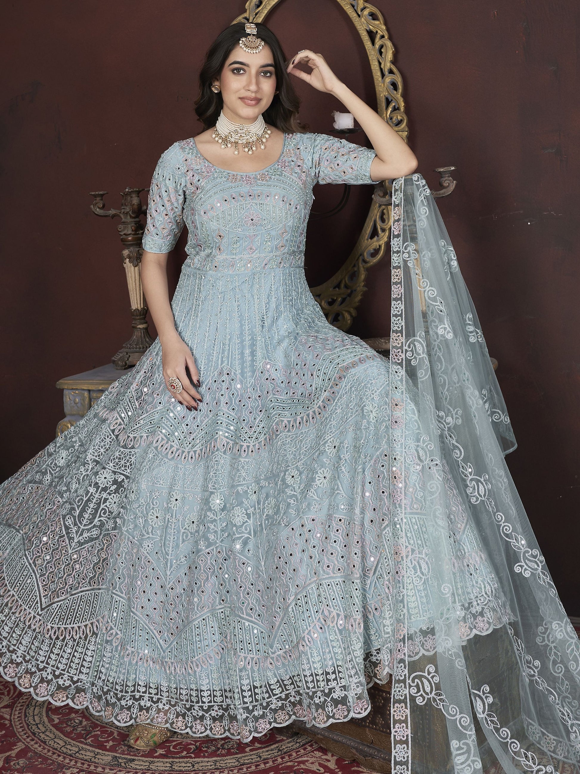 Sky color net long gown online shopping