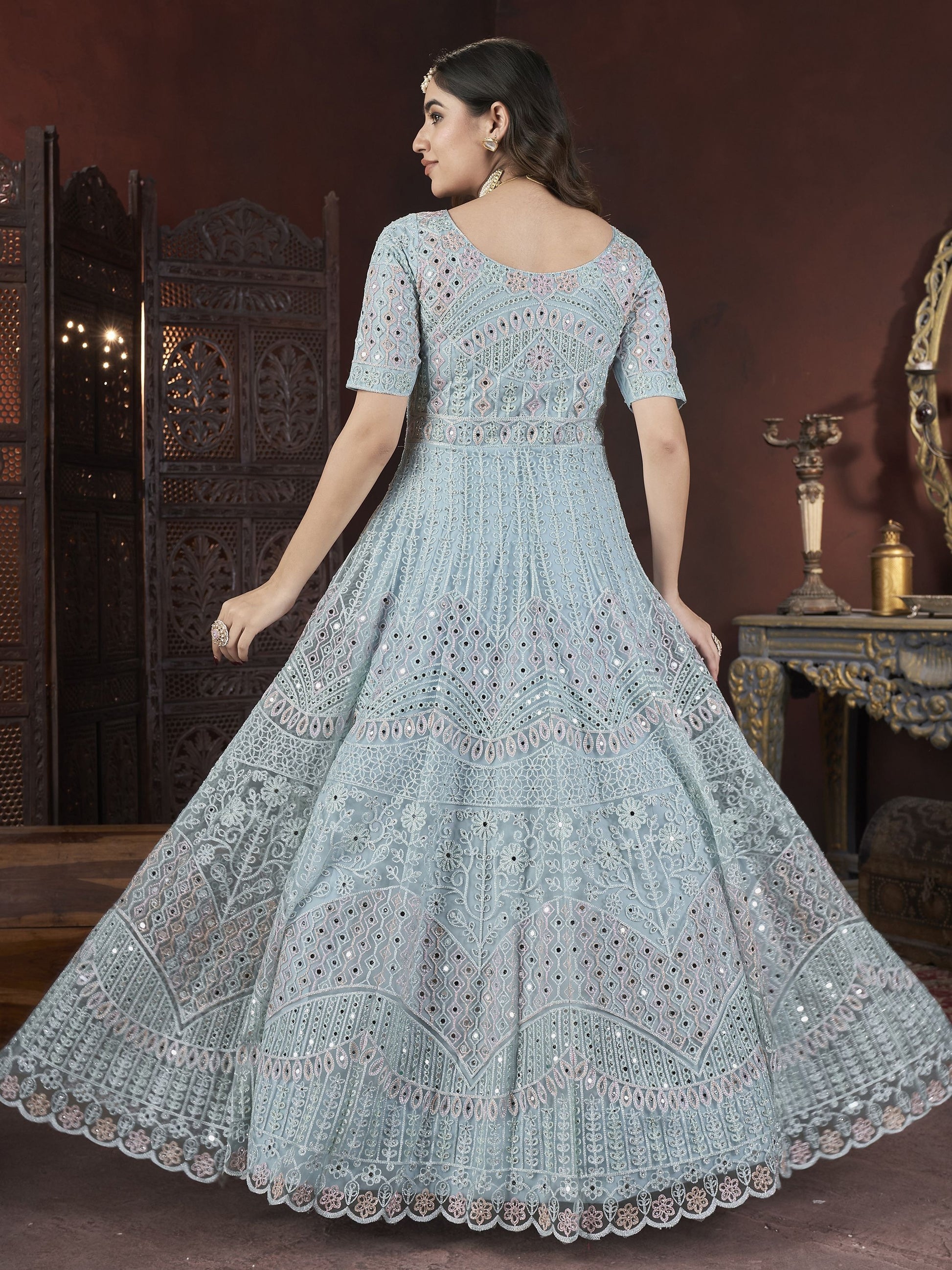 Sky color net long gown for wedding