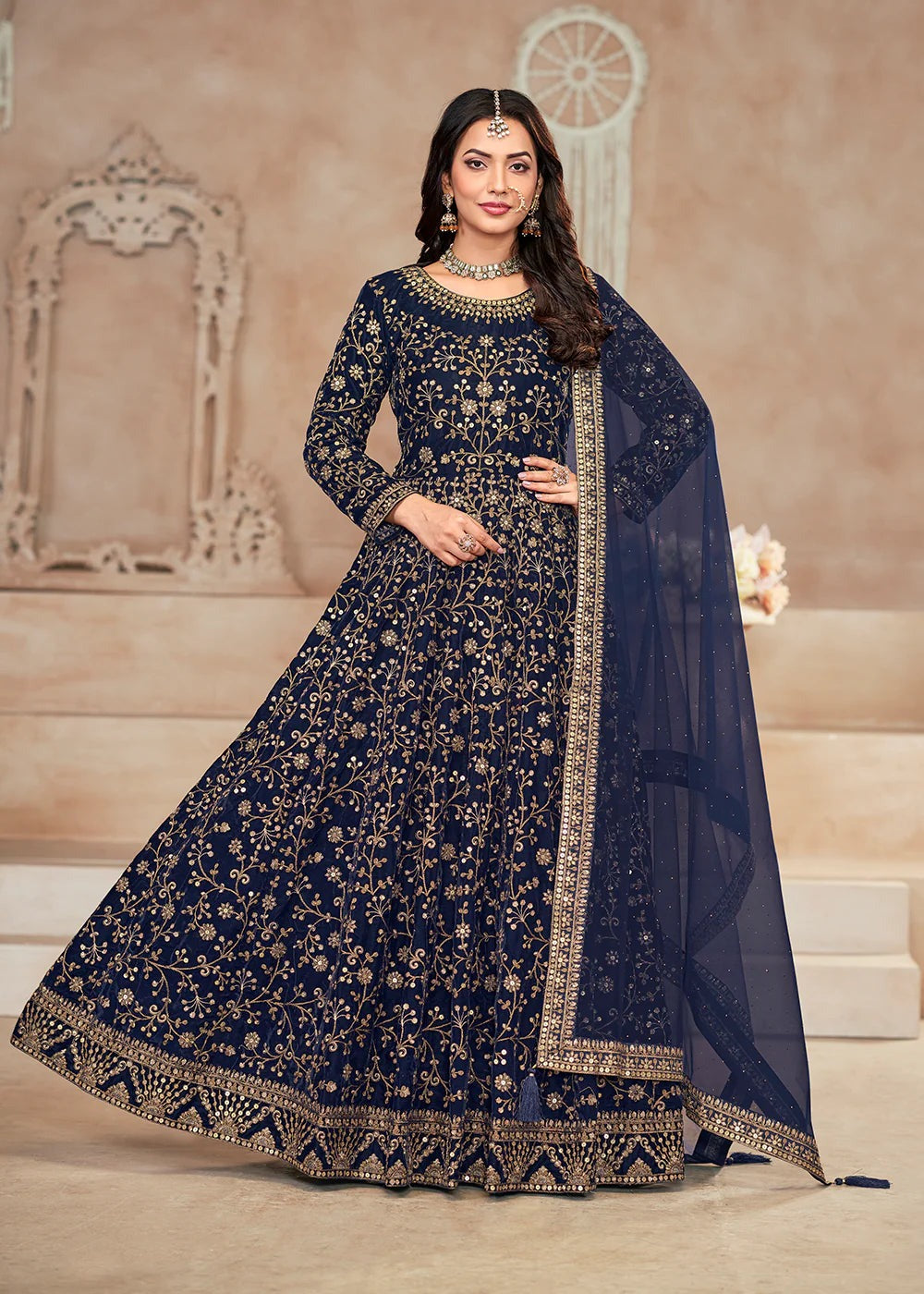 Long sleeve navy blue color velvet gown for women
