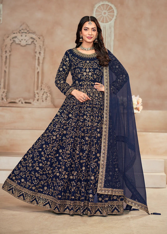 Long sleeve navy blue color velvet gown for women
