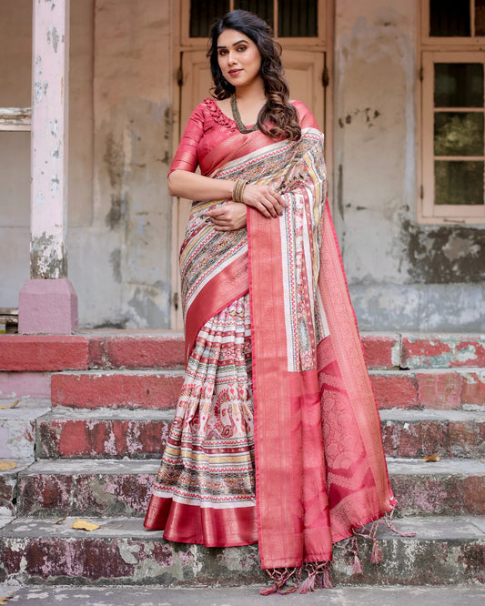 Rose pink color banarasi silk printed saree 