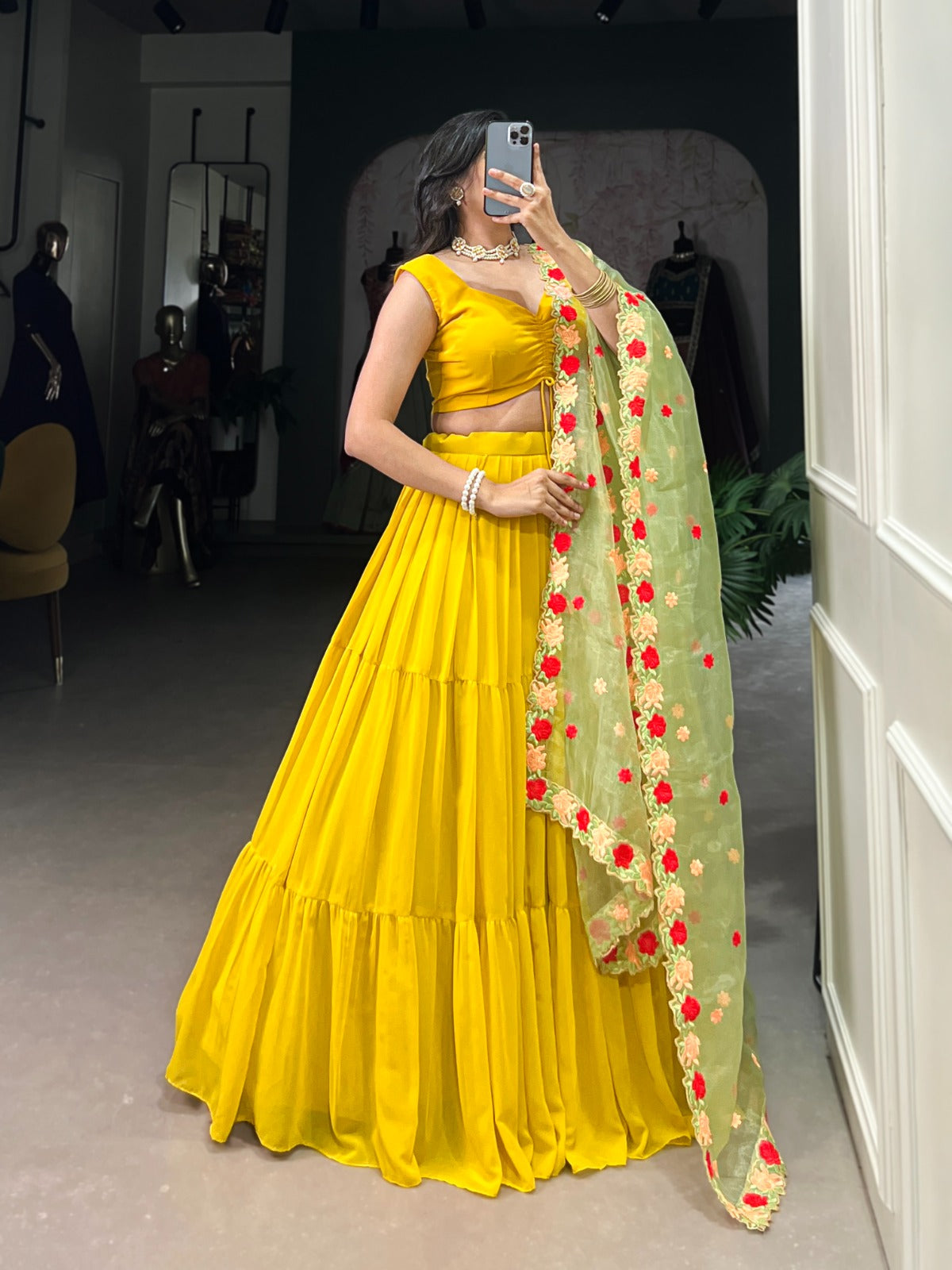 Mustard color georgette lehenga choli with dupatta 