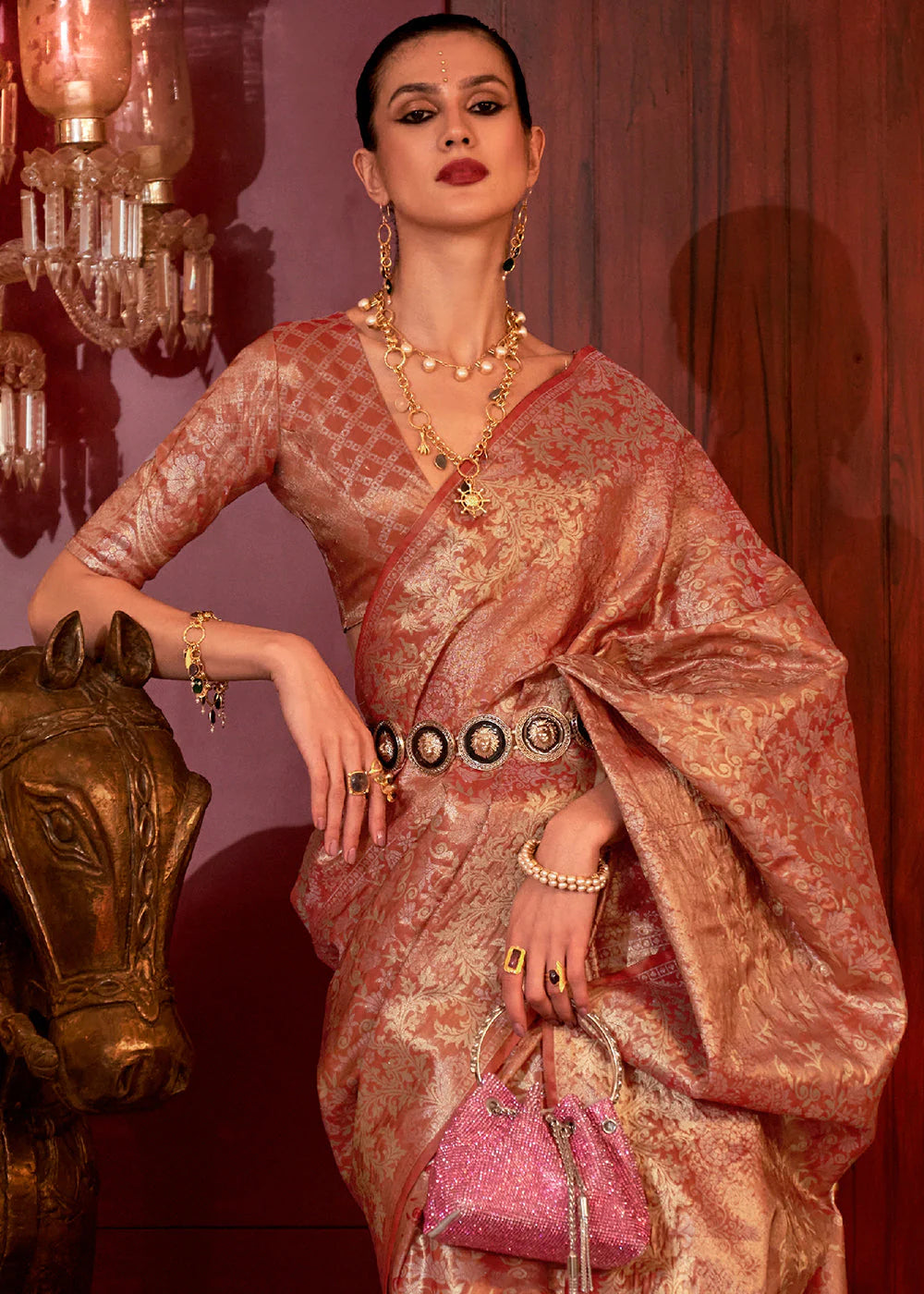 Rust color handloom silk saree for wedding