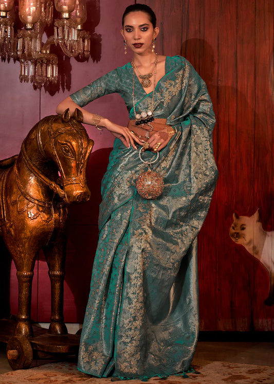 Teal green color handloom silk saree with blouse price