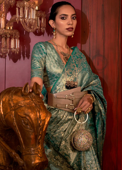 Teal green color handloom silk saree with blouse for party
