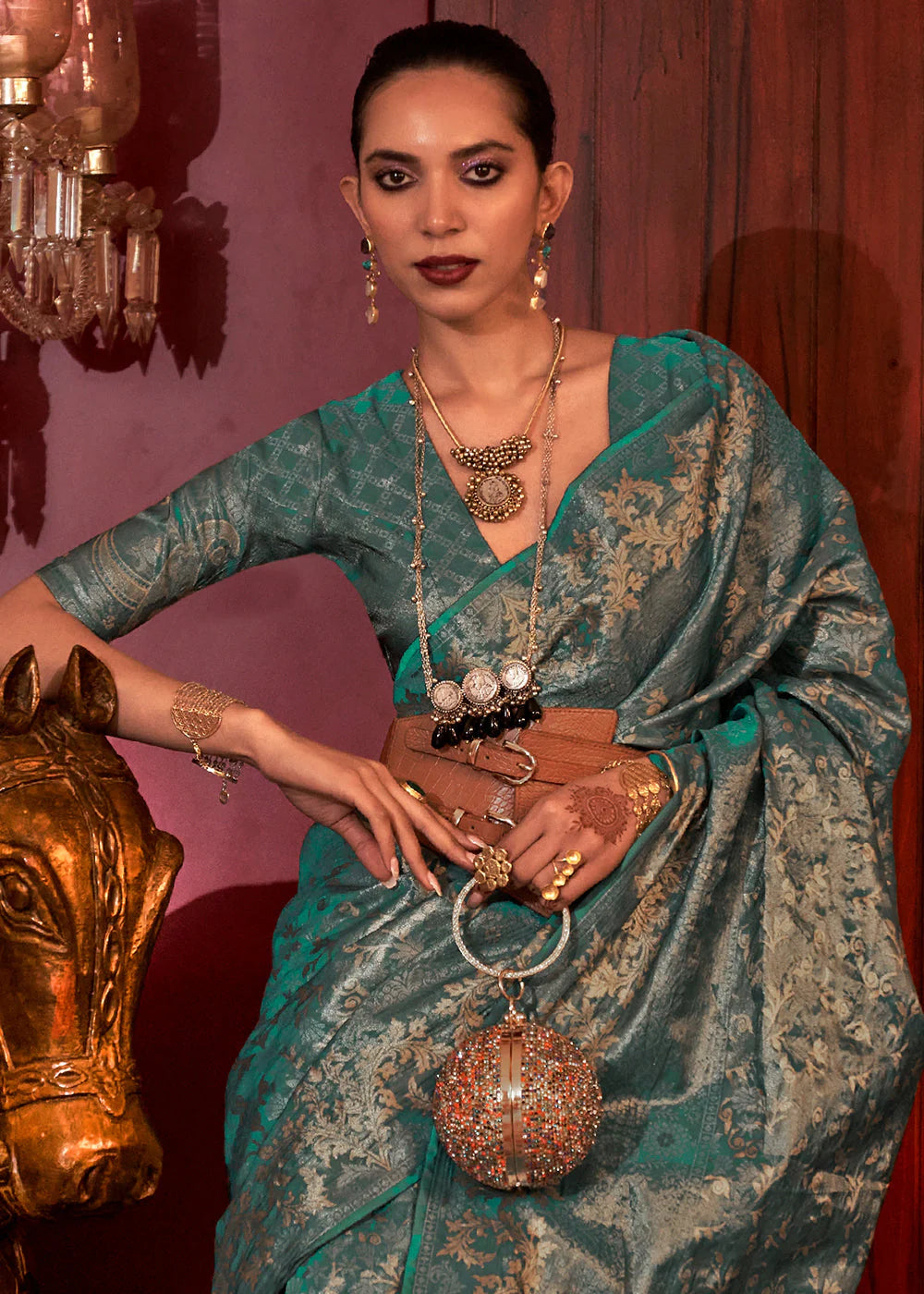 Teal green color handloom silk saree with blouse images