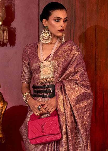 onion color handloom silk saree with blouse for wedding