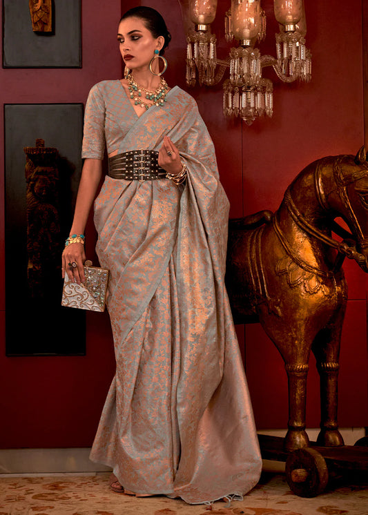 Grey color handloom silk weaving saree for women price
