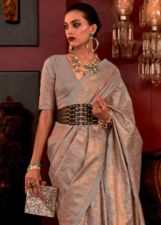Grey color handloom silk weaving saree for women online
